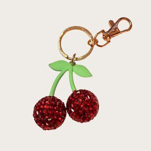 Sparkly Red Cherry Keychain Keyring Bag Clip With Green Stem Gold-Tone Hardware